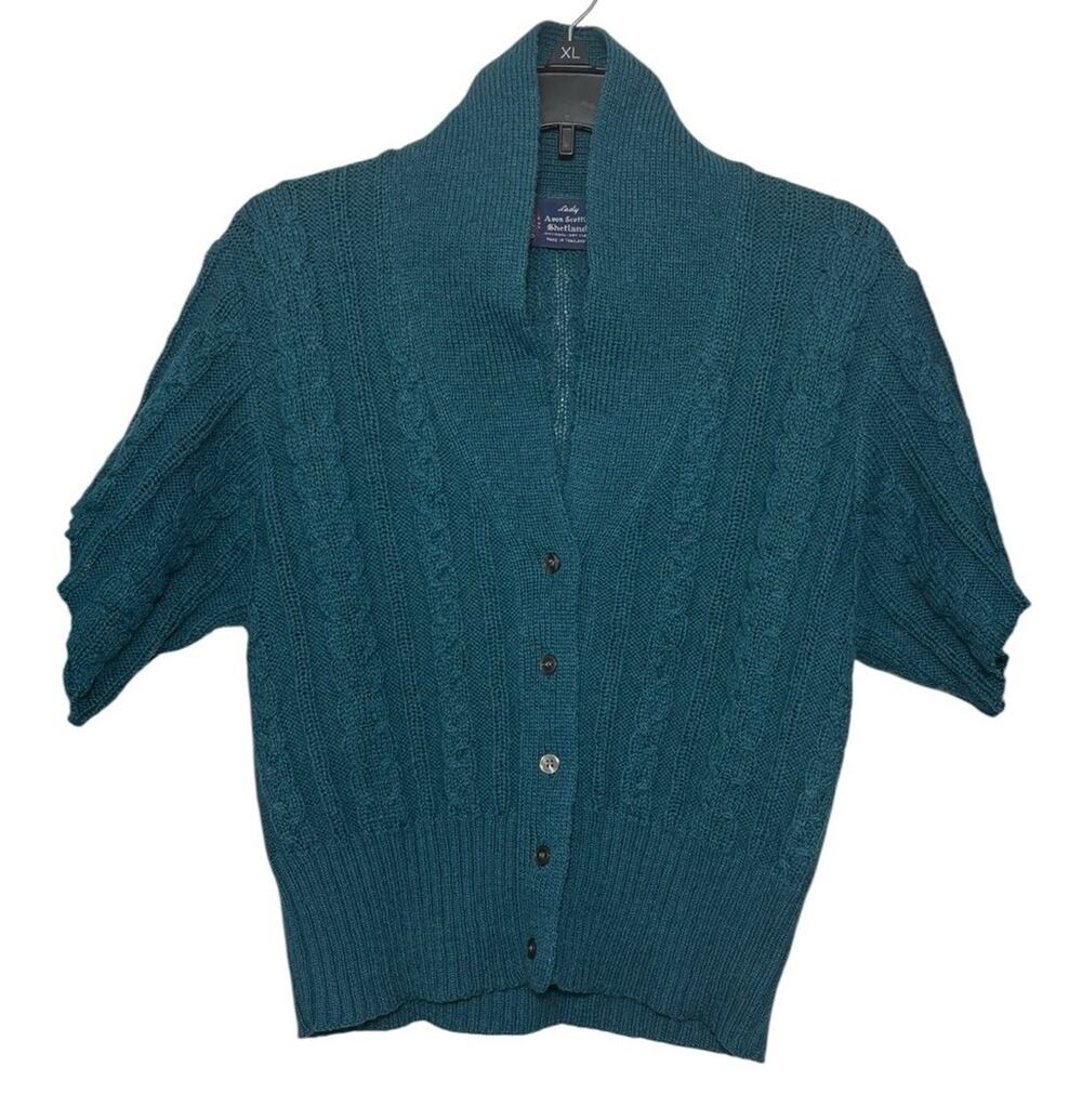 Kenneth Gordon Lady Avon Scottish Shetland 100% Wool Teal Blue Cardigan Size M